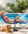 Outdoor Standing Mister For Patio Cooling, 26.2 Ft Portable Misting Station With Ultra Fine Mist by pool with woman tanning and dog