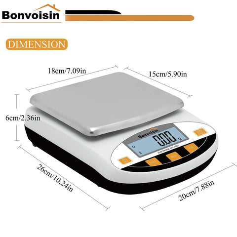 Pro Grade Digital Lab Scale 5000g Capacity And 0.01g Readability Analytical Balance dimensions display and buttons