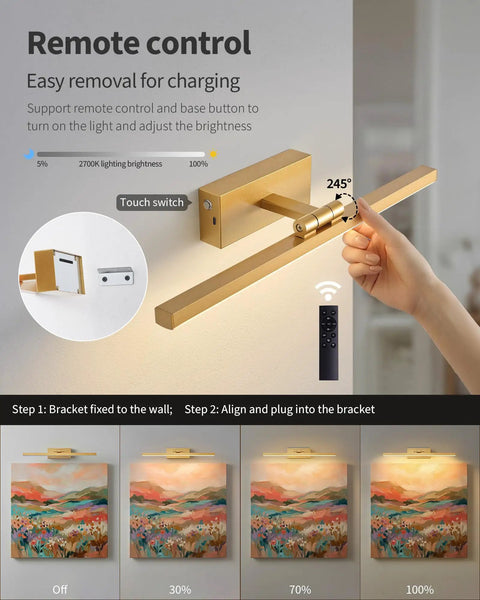 Gold Cordless Picture Lights Set Of Two Rechargeable Wall Mount Art Lamp Features Smooth Brightness Control illuminating artwork.