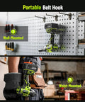 Heavy Duty Cordless One Half Inch Drive Impact Wrench With Brushless Motor 1600 Nm Torque hanging on pegboard, waist clip