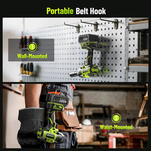 Heavy Duty Cordless One Half Inch Drive Impact Wrench With Brushless Motor 1600 Nm Torque hanging on pegboard, waist clip