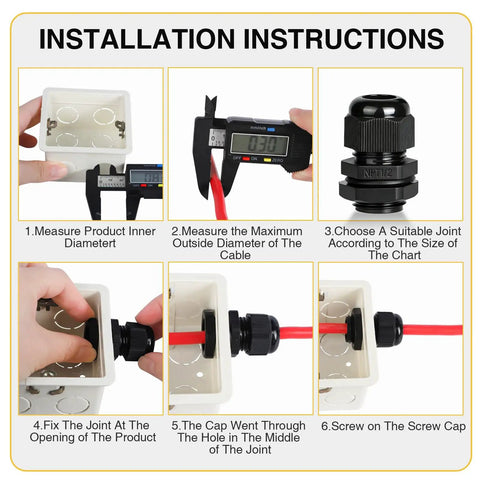 15 Pack Waterproof Cable Glands Half Inch NPT Adjustable Nylon PA66 With Gaskets And Locknut IP68 Heavy Duty Workhorse Vibration Proof For Junction Boxes And Industrial Machinery Black installation steps on enclosure