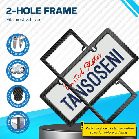 Upgrade Your Sweet Ride With This Badass Real Carbon Fiber License Plate Frame, 2-hole design, fits most vehicles, showing installation details.