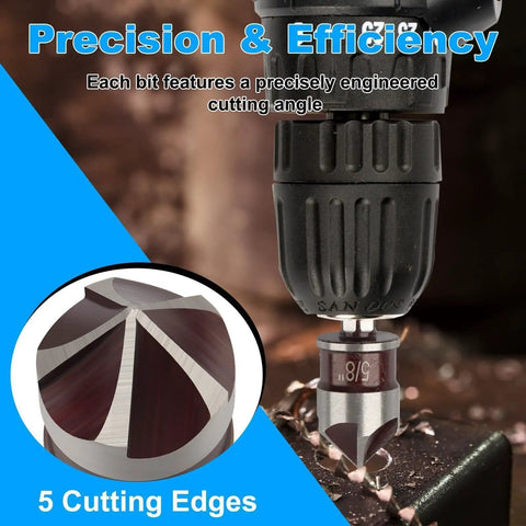 Close-up of a drill bit cutting into metal with text highlighting precision and efficiency of the Ten Bit Set With Five Step Drill Bits And Five Countersink Bits For Metal Titanium Coated In A Heavy Duty Aluminum Case Replacing Fifty Sizes Of Step Bits For DIY Projects Rocaris.