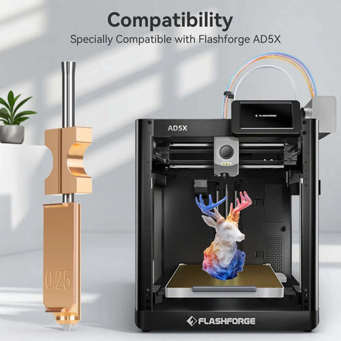 AD5X 3D printer with Quick Swap Nozzle Kit For AD5X 3D Printer After May 2025 Purchase Date, showing installed nozzle and printed model.