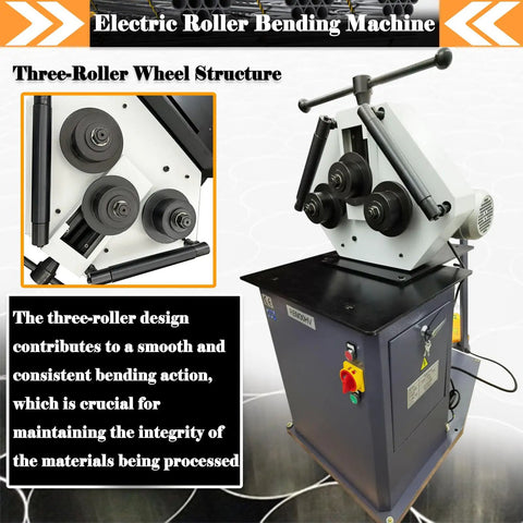 Heavy Duty Electric Roll Bender 1.1KW Three Roller Metal Bending Machine with adjustable rolls and foot pedal control.