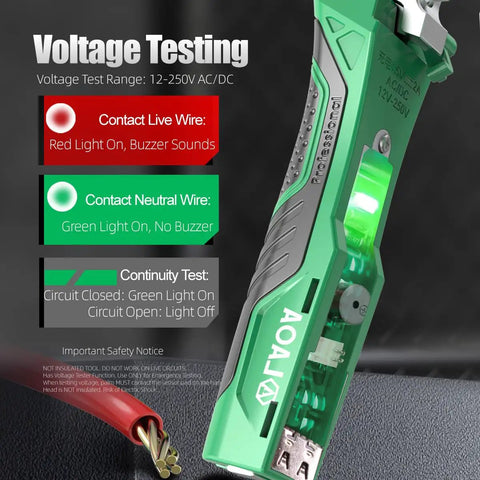 Non-contact voltage tester display from 8 In 1 USB-C Rechargeable Electrician Pliers With Non Contact Voltage Tester, Wire Stripper And Cutter, Crimper, Battery Free Design For Electrical, Automotive, And Outdoor Work. LED indicators for live and neutral wires with safety notice.