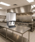 Heavy Duty Countertop Nugget Ice Maker And Touchfree Water Dispenser in stainless steel kitchen setting.