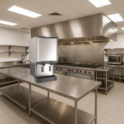Heavy Duty Countertop Nugget Ice Maker And Touchfree Water Dispenser in stainless steel kitchen setting.