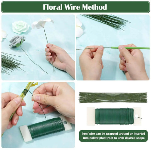 Hands demonstrating floral wiring with All In One DIY Floral Arrangement Kit With Green Wire And Floral Tape Including 26 Gauge Stem Wire