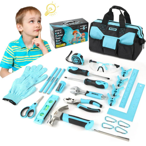 26 Piece Kids Size Tool Set With 12 Inch Tool Bag For Boys And Girls Age 6 Plus Real Hand Tools displayed with a curious child.