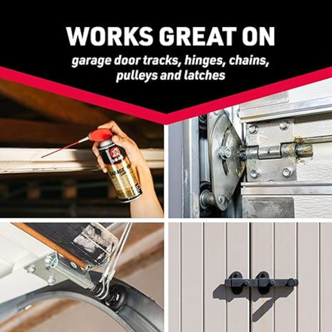 Pro Grade Garage Door Lubricant Twin Pack With Smart Straw Sprays 2 Ways 11 Oz Each No More Squeaks Smooth Operation Prevents Rust shown in use on door hinges and tracks.