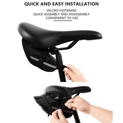 Under Seat Bike Bag With Reflective Strip, Waterproof Saddle Pouch installation under bike seat with strap attachment