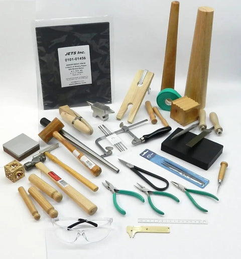 Starter Hands On Metalsmith Tools Kit For Jewelry Making A Solid Bench Tools Set With Ring Mandrel Ring Clamp Bench Pin Wood Ring Clamp And All The Essentials For Apprentice Jewelry Making And Metalworking, assorted bench tools laid out