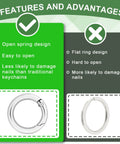 Comparison between open spring O ring and flat ring design with features for 16 Pack Small Spring O Rings For Keychains And Dog Tags 11mm Inner Diameter 17.5mm Outer Diameter 3.7mm Thick Black Metal Clips For Paracord Lanyards EDC Gear Purse Charms