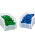 Medium Plastic Storage Bins, Stackable Clear Organizer Containers for Closet, Pantry, Shelves, Garage and Office, Open Front Design for Easy Access, Grab And Go 8 Pack holding green and blue blocks