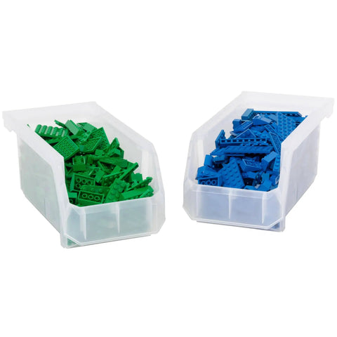 Medium Plastic Storage Bins, Stackable Clear Organizer Containers for Closet, Pantry, Shelves, Garage and Office, Open Front Design for Easy Access, Grab And Go 8 Pack holding green and blue blocks