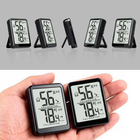 Two Pack Indoor Thermometer And Humidity Monitor With Digital Temp And Humidity Gauge, Real Time Readouts, Battery Included, Ideal For Home, Baby Nursery, Reptile Enclosures, And Greenhouses. Two black digital monitors with kickstands shown front and side