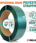 Half Inch PET Strapping Coil 6500 Foot Long Industrial Grade Green Pallet Banding With 820 Pound Break Strength Weather Resistant And Low Elongation visible in packaging