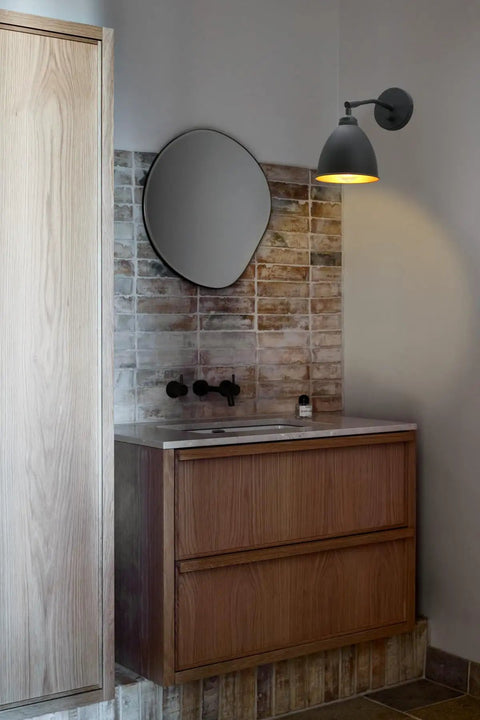Bathroom with vintage wall sconce featuring black shade and gold accent from 2 Pack Vintage Wall Sconce Bookcase Light Set.
