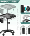 Mobile Salon Rolling Tray Cart With Height Adjustable Stand And Large Magnetic Hair Tool Storage Platform Easy Glide Hairdressing Trolley On Wheels Black; adjustable height 26-43 inches, magnetic top 15.5x15.5 inches, detailed view of swivel and removable storage