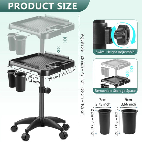 Mobile Salon Rolling Tray Cart With Height Adjustable Stand And Large Magnetic Hair Tool Storage Platform Easy Glide Hairdressing Trolley On Wheels Black; adjustable height 26-43 inches, magnetic top 15.5x15.5 inches, detailed view of swivel and removable storage