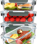 Five Pack 36 Oz Glass Meal Prep Containers With Snap Lock Lids filled with food, demonstrating airtight glass storage functionality.