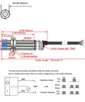 Diagram of Capacitive M18 Proximity Sensor Switch Non Shield Type PNP NO For Dielectric Objects 10mm Sensing Distance 10 30V DC 200mA 3 Wire Output, showing dimensions and wiring.