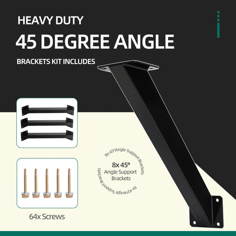 Beefed-Up Heavy Duty 8 Pack 45 Degree Angle Bracket Kit For 4x4 Wood Posts And Beams Carbon Steel With Black Powder Coat Pergola Gazebo Patio Cabin Outdoor Support Brackets