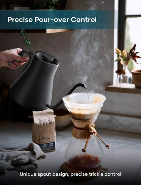 Gooseneck Electric Kettle With Plus Or Minus One Degree Fahrenheit Precision, Stainless Steel Interior, used for pour-over coffee