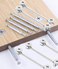 Twenty Sets Heavy Duty Furniture Connector Kit With Cam Fittings Dowel Pins And Iron And Zinc Alloy Fasteners For Office Cabinets And Home Furniture Repairs Easy To Carry And Store, close-up on wood panel