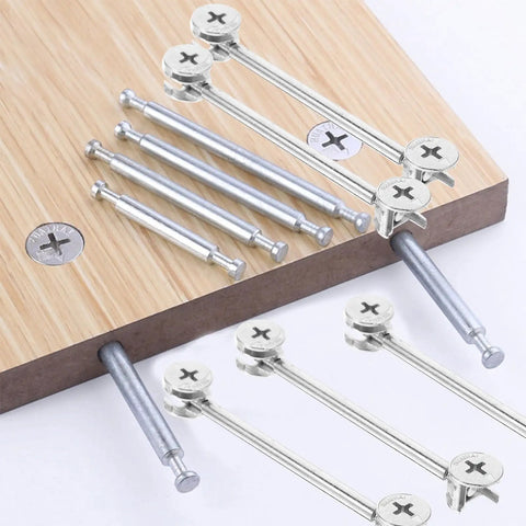 Twenty Sets Heavy Duty Furniture Connector Kit With Cam Fittings Dowel Pins And Iron And Zinc Alloy Fasteners For Office Cabinets And Home Furniture Repairs Easy To Carry And Store, close-up on wood panel