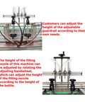 Top Shelf Automatic Pneumatic Filling Machine With Magnetic Pump and Four Head Desktop Setup showing adjustable guardrail and filling nozzle.