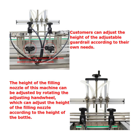Top Shelf Automatic Pneumatic Filling Machine With Magnetic Pump and Four Head Desktop Setup showing adjustable guardrail and filling nozzle.