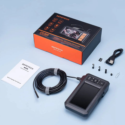 5.5mm Ultra Slim Industrial Endoscope With 1080P Borescope Camera And 4.3 Inch Screen Waterproof IP67 Snake Camera 16.5Ft Semi Flexible Cable 32GB Card For Photo Video Capture No Wifi Needed Great For Tight Spots Pro Grade packaging and accessories displayed on a table