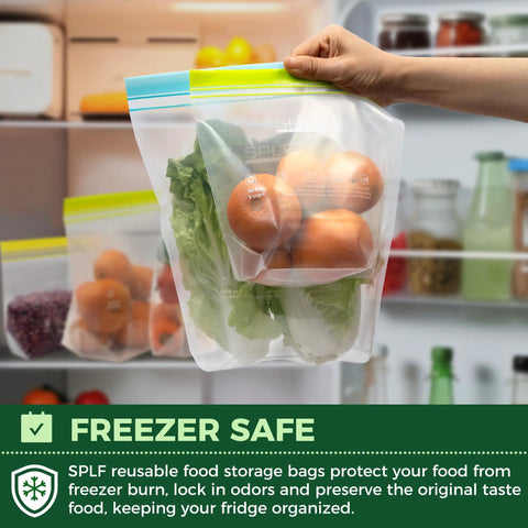 Person holding 24 Pack Reusable Food Storage Bags Dishwasher Safe Microwave Safe BPA Free Freezer Bags filled with produce