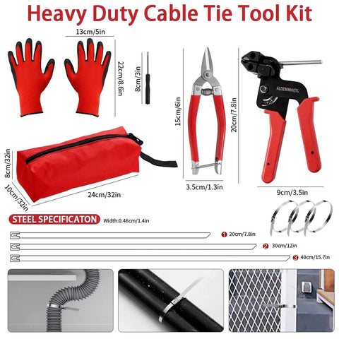 Heavy Duty Zip Tie Gun Kit With 300 Stainless Steel Zip Ties, tools, gloves, bag for fencing, exhaust, automotive DIY
