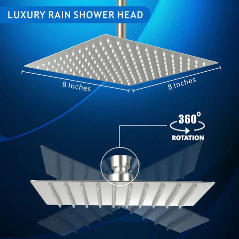 High Pressure Rain Shower Head With 304 Stainless Steel Build, 8 Inch Brushed Nickel Finish, showcasing 360-degree rotation.