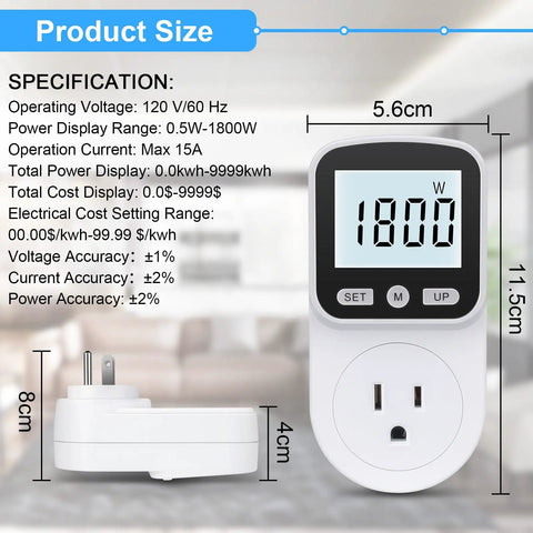 Upgraded Watt Meter Power Monitor Plugs Into Your Outlet Home Energy Display With Backlight Tracks Watts Kilowatt Hours Voltage Amps Frequency Power Factor Cost And Unit Price Across Eight Display Modes With Overload Protection, 5.6cm front view