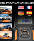Display of New 2026 12V/24V OBD2 Diesel Diagnostic Scanner for Heavy Duty Trucks and Cars showing vehicle and language options.