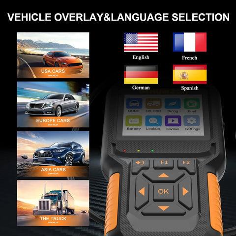 Display of New 2026 12V/24V OBD2 Diesel Diagnostic Scanner for Heavy Duty Trucks and Cars showing vehicle and language options.