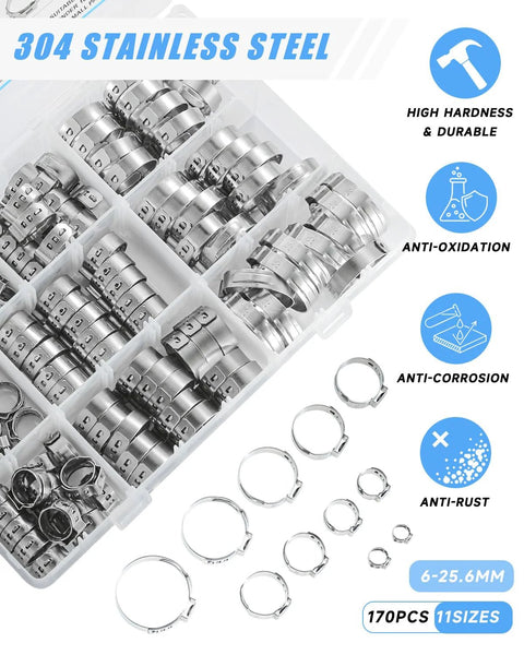 170 Pcs 304 Stainless Steel Single Ear Hose Clamp Set With Ear Clamp Pincer 11 Sizes From Six To Twenty Five Point Six Millimeter
