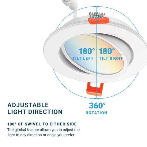 Six Pack 4 Inch LED Gimbal Eyeball Recessed Lighting Canless Ceiling Light With J Box showing adjustable swivel and tilt angles