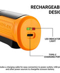 Rechargeable design of Portable Cordless Electric Scissors showing Type-C charging port and LED indicator light.