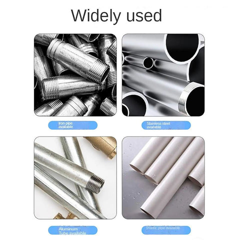 Badass 2300w Handheld Pipe Threading Machine With 6 Die Set For 1/2 To 2 Inch Rigid Conduit No Hassle Electric Power Drive Kit showing various pipe materials.