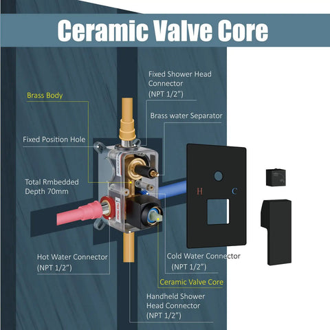 Diagram of brass body with valve core for Matte Black Shower System With 12 Inch Rainfall Head And Handheld Spray Brass Construction