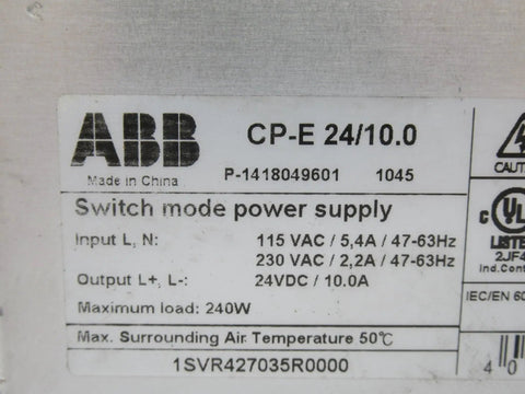 Used Switch Mode Power Supply 24VDC 10A 240W Solid SMPS For Control Panels And Automation Needs, Reliable Compact Unit Ideal For DIY Projects And Pro Builds. ABB CP-E 24/10.0 label