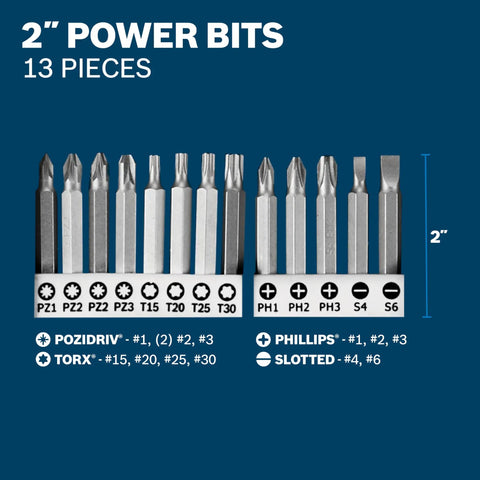 Close-up of 13-piece 2-inch power bits in 65-Piece Drilling And Driving Mixed Set with Pozidriv, Torx, Phillips, and Slotted tips.