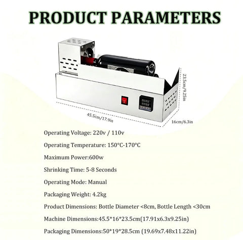 600W Neck Heat Shrink Sealing Machine For Wine Bottles, Digital Display, Manual Push Operate, product specifications and dimensions.