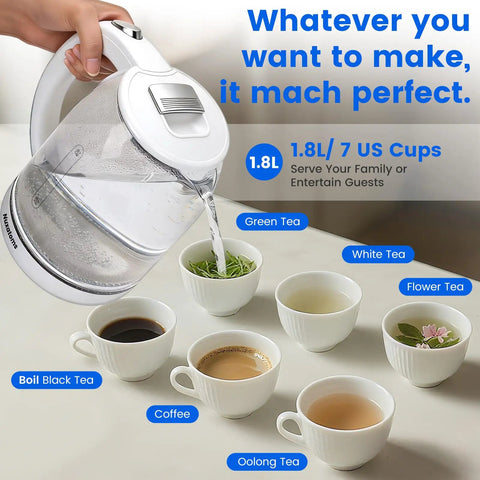 Person using 1.8L glass electric kettle pouring water into tea cups with different labels, 360-degree base visible.